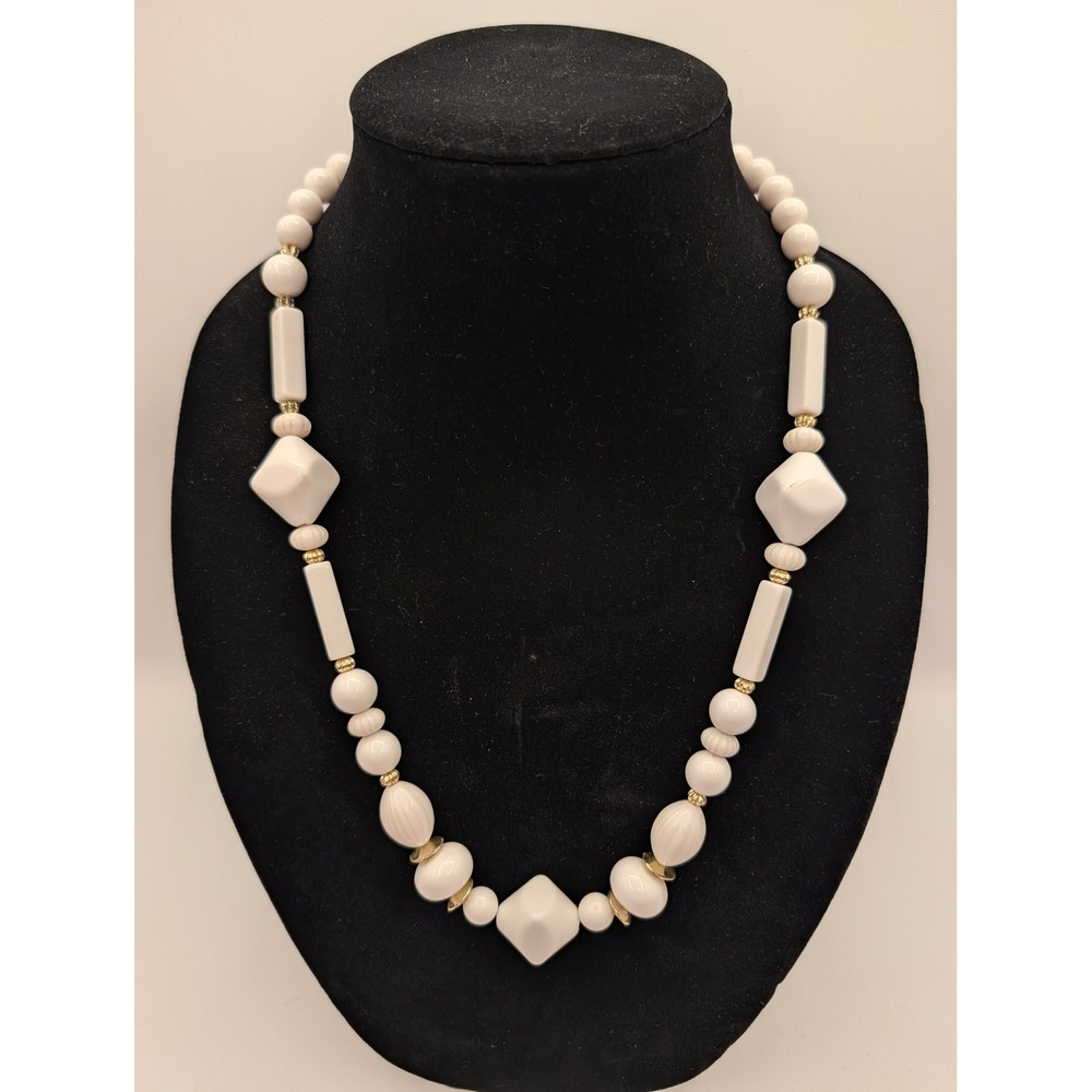 Vintage Cream White Geometric Beaded Necklace Gold Tone Accents 24 Inch